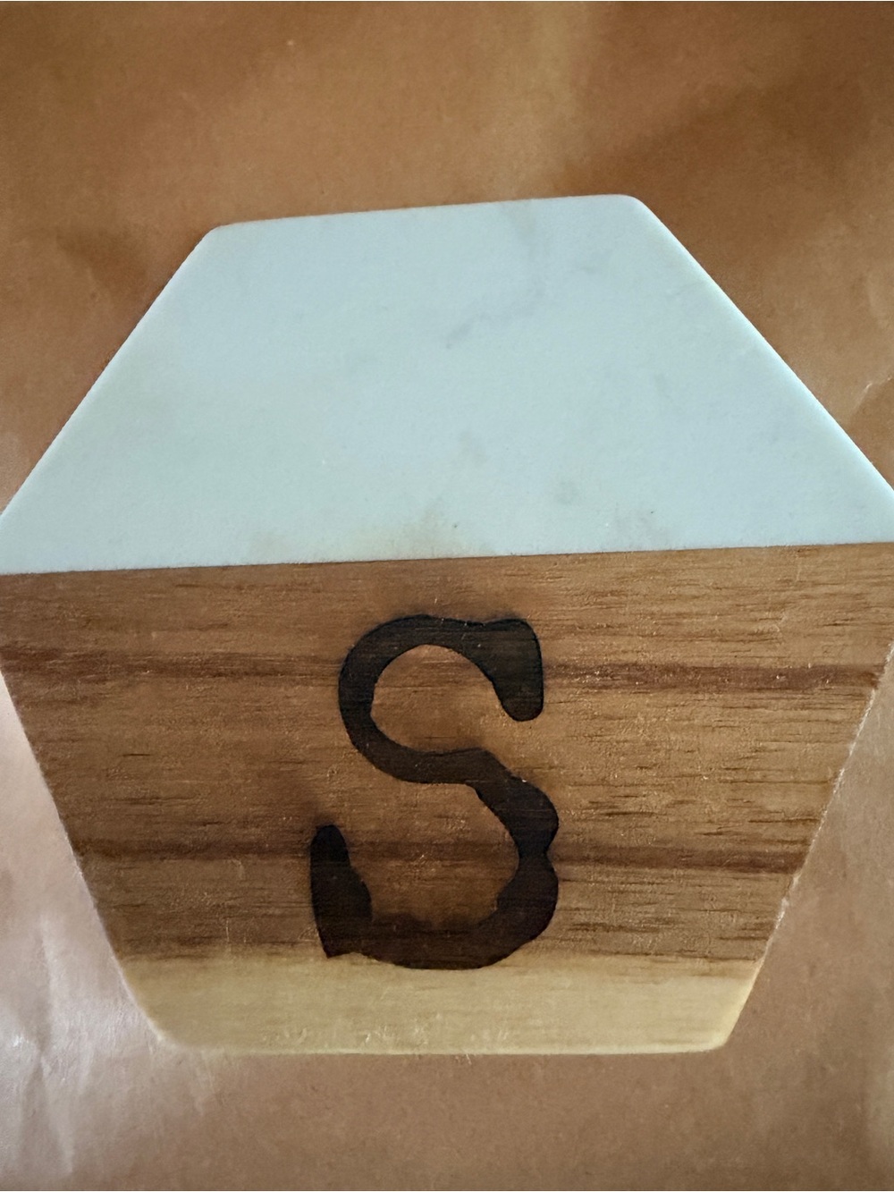 Hexagon Marble & Wood Coaster with 'S' Monogram - White and Natural Wood